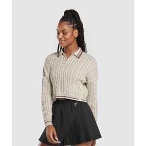 Gymshark Rest Day Cable Knit Pullover Sweater 1/4 Zip Beige Tan Womens Sz Small